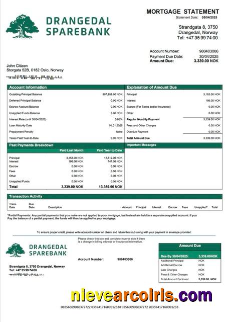 Premium Norway Drangedal Sparebank Mortgage Statement Word And PDF Template