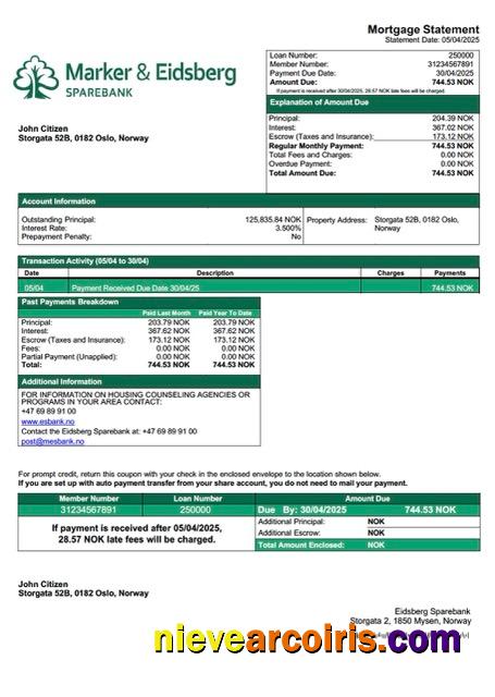 Premium Norway Eidsberg Sparebank Mortgage Statement Word And PDF Template