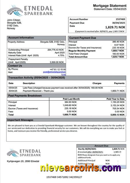 Realistic Norway Etnedal Sparebank Mortgage Statement Word And PDF Template