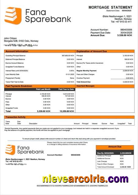 Professional Norway Fana Sparebank Mortgage Statement Word And PDF Template