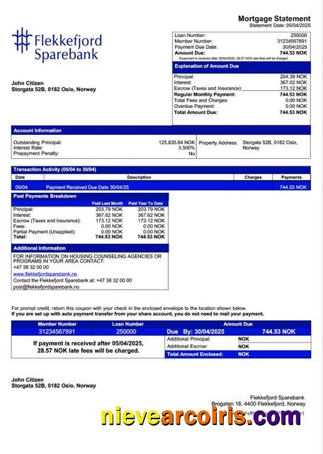 Premium Norway Flekkefjord Sparebank Mortgage Statement Word And PDF Template