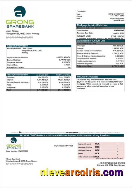 Professional Norway Grong Sparebank Mortgage Statement Word And PDF Template