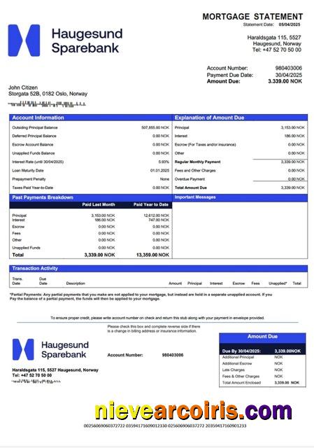Editable Norway Haugesund Sparebank Mortgage Statement Word And PDF Template