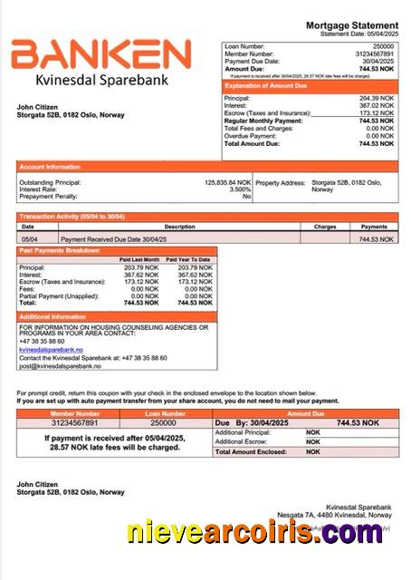 Realistic Norway Kvinesdal Sparebank Mortgage Statement Word And PDF Template