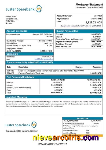 Editable Norway Luster Sparebank Mortgage Statement Word And PDF Template