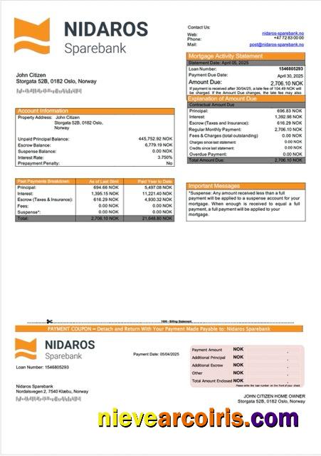 Editable Norway Nidaros Sparebank Mortgage Statement Word And PDF Template