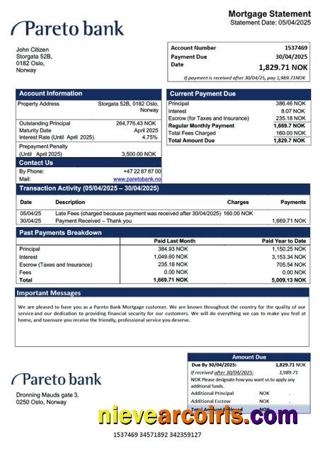 Realistic Norway Pareto Bank Mortgage Statement Word And PDF Template