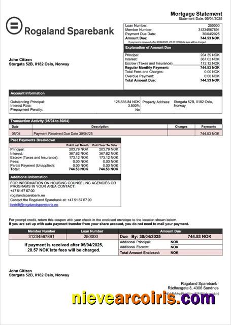 Editable Norway Rogaland Sparebank Mortgage Statement Word And PDF Template