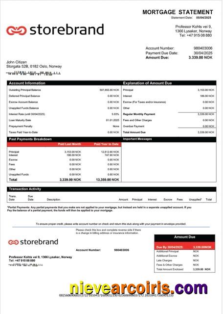 Editable Norway Storebrand Bank Mortgage Statement Word And PDF Template