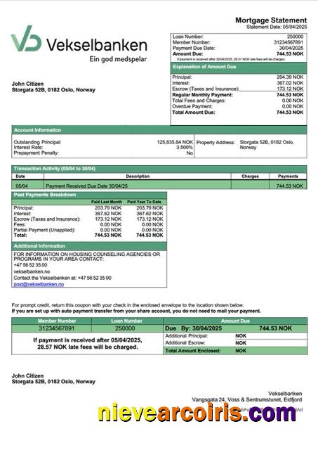 Editable Norway Vekselbanken Mortgage Statement Word And PDF Template