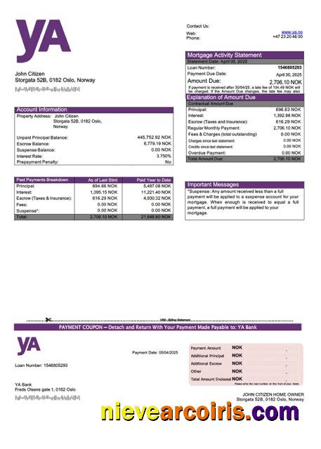 Professional Norway YA Bank Mortgage Statement Word And PDF Template