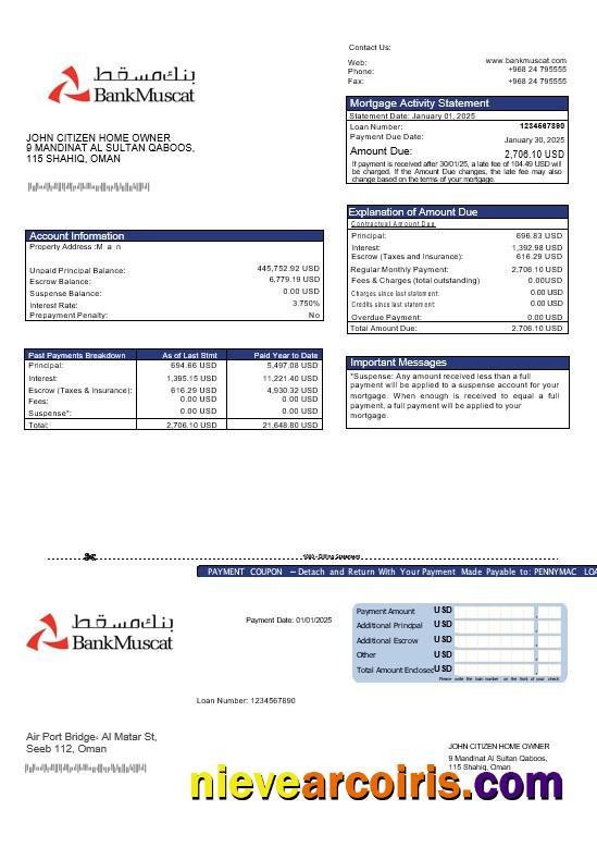Omani Bank Muscat Mortgage Statement In Word And PDF Formats Sample