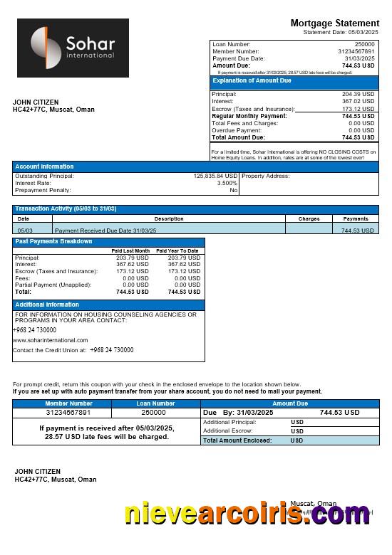 Omani Sohar International Mortgage Statement In Word And PDF Formats Sample