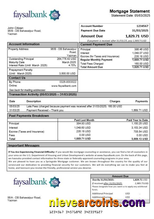 Pakistan Faysal Mortgage Statement In Word And PDF Formats Sample