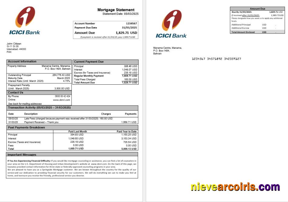 Pakistan ICICI Mortgage Statement In Word And PDF Formats Without Wm Sample