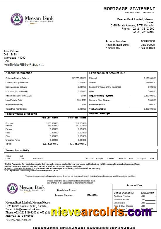 Pakistan Meezan Mortgage Statement In Word And PDF Formats Preview