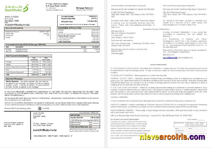 Pakistan UBL Mortgage Statement In Word And PDF Formats Sample