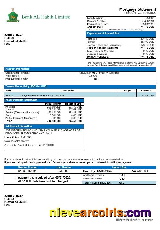 Pakistan Bank Al Habib Mortgage Statement In Word And PDF Formats Photolook