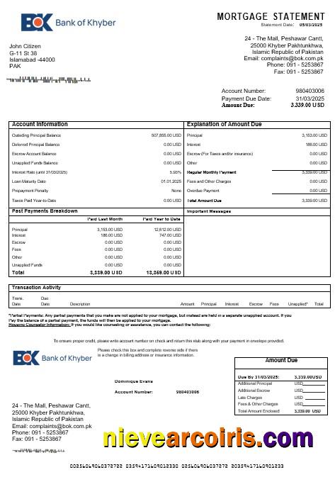 Pakistan The Bank Of Khyber Mortgage Statement In Word And PDF Formats Template