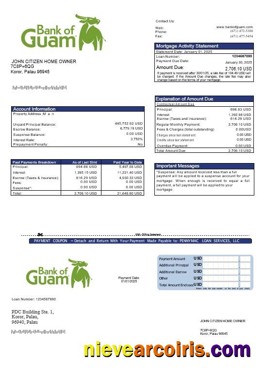 Palau Guamanian Bank Mortgage Statement In Word And PDF Formats Sample
