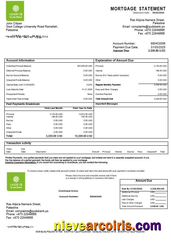 Palestine Quds Bank Mortgage Statement In Word And PDF Formats Preview