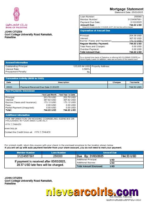 Palestine Bank Of Palestine Mortgage Statement In Word And PDF Formats Preview