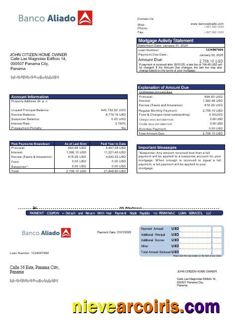 Panama Banco Aliado Mortgage Statement In Word And PDF Formats Photolook