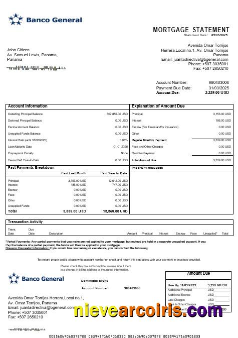 Panama Banco General Mortgage Statement In Word And PDF Formats Sample
