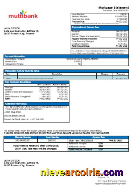 Panama Multibank Mortgage Statement In Word And PDF Formats Preview