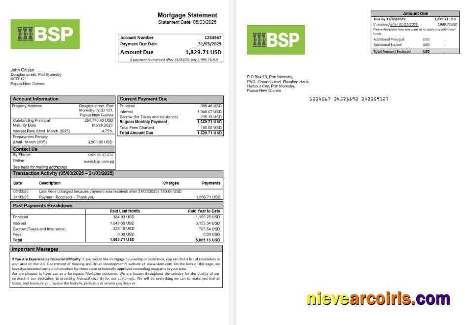 Papua New Guinea BSP Mortgage Statement In Word And PDF Formats Preview