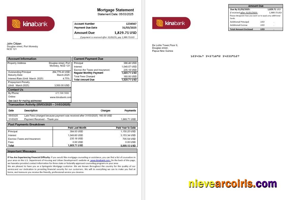 Papua New Guinea Kina Securities Limites Bank Mortgage Statement In Word And PDF Formats Photolook