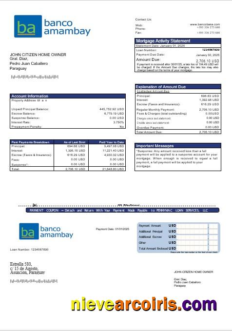 Paraguay Banco Amambay Bank Mortgage Statement In Word And PDF Formats Template