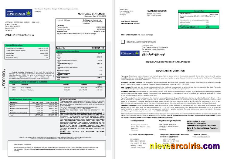 Paraguay Banco Continental S.A.E.C.A. Mortgage Statement In Word And PDF Formats 1 2 Preview