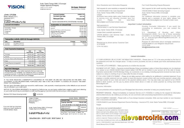 Paraguay Vision Banco Mortgage Statement In Word And PDF Formats Preview