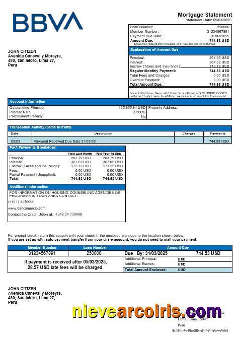 Peru Banco De Comercio Mortgage Statement In Word And PDF Formats Photolook