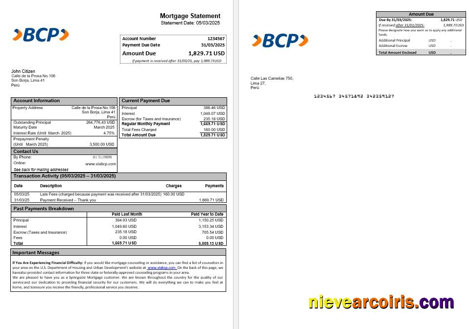 Peru Banco De Credito (BCP) Mortgage Statement In Word And PDF Formats Preview