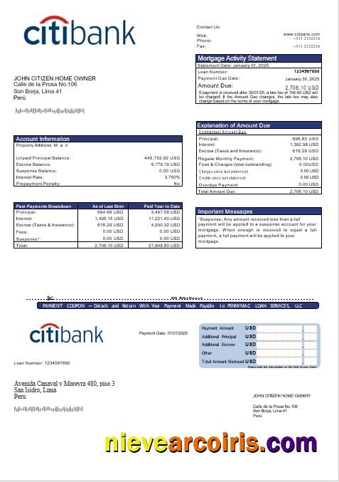 Peru Citibank Mortgage Statement In Word And PDF Formats Sample