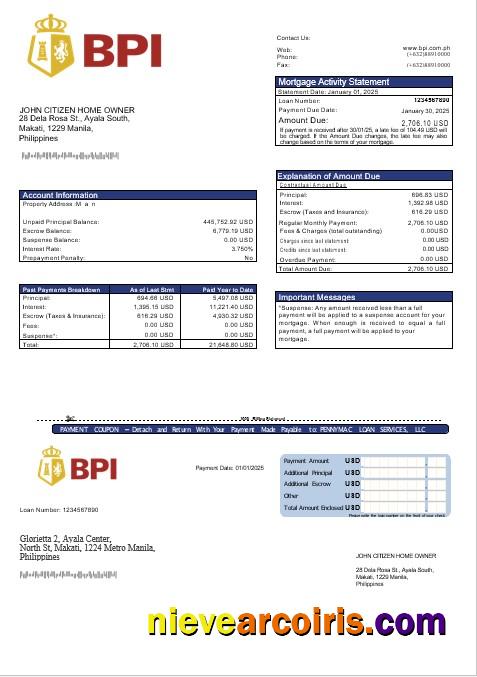 Philippine Bank Of The Philippine Islands Mortgage Statement In Word And PDF Formats Preview
