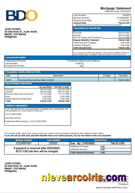 Philippines BDO Mortgage Statement In Word And PDF Format Preview