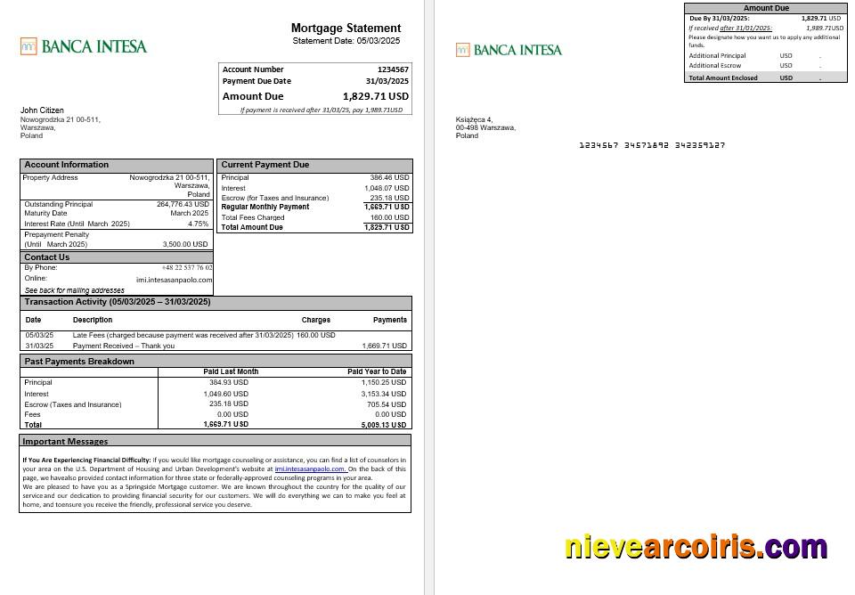 Poland Banca Intesa Mortgage Statement In Word And PDF Formats Template