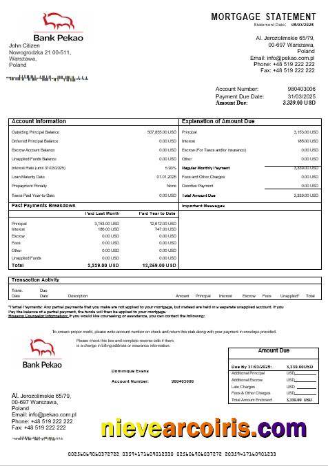 Poland Bank Pekao S.A Mortgage Statement In Word And PDF Formats Preview