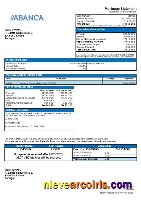 Portugal Abanca Mortgage Statement In Word And PDF Format Sample
