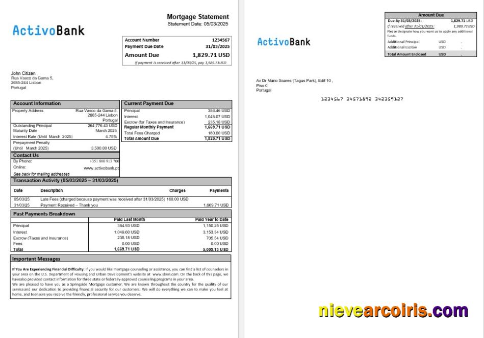 Portugal Activobank Mortgage Statement In Word And PDF Formats Photolook
