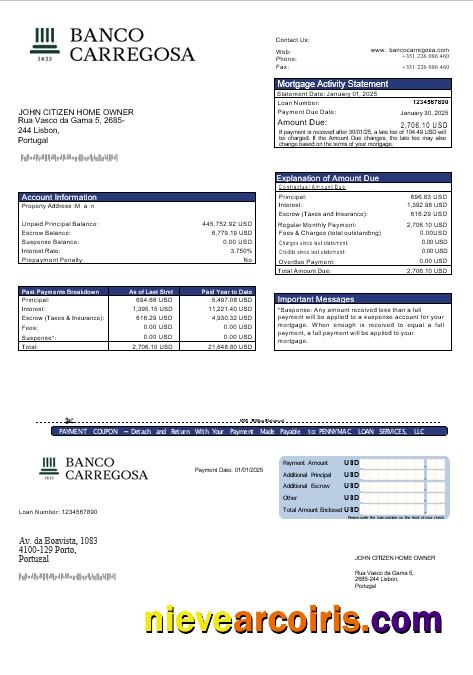 Portugal Banco Carregosa Mortgage Statement In Word And PDF Formats Photolook