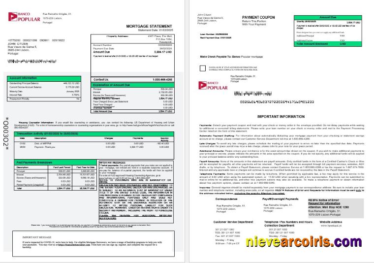 Portugal Banco Popular Mortgage Statement In Word And PDF Formats 1 2 Sample