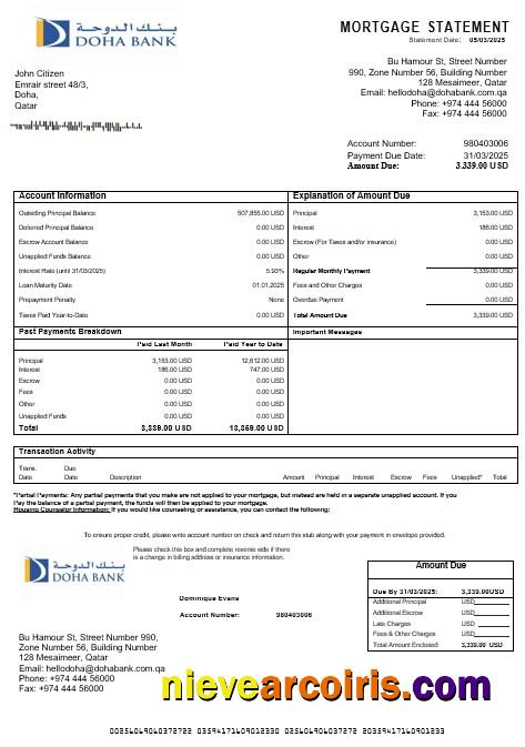 Qatar Doha Bank Mortgage Statement In Word And PDF Formats Template