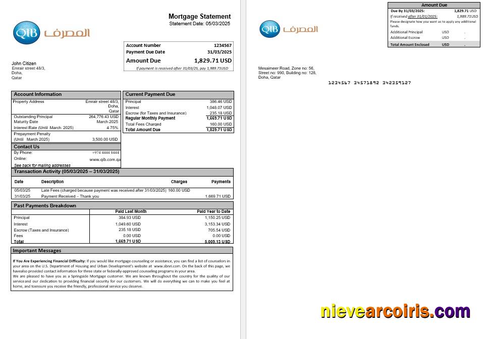 Qatar Islamic Bank Mortgage Statement In Word And PDF Formats Preview