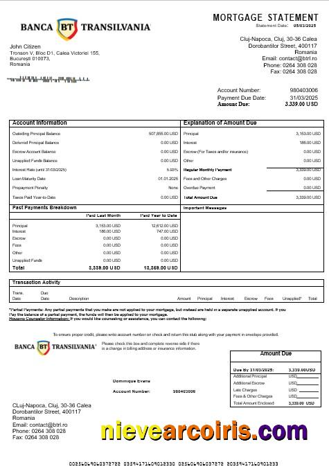 Romania Banca Transilvania Mortgage Statement In Word And PDF Formats Preview