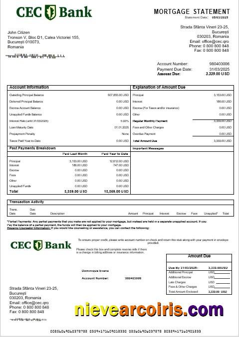 Romania CEC Bank Mortgage Statement In Word And PDF Formats Photolook