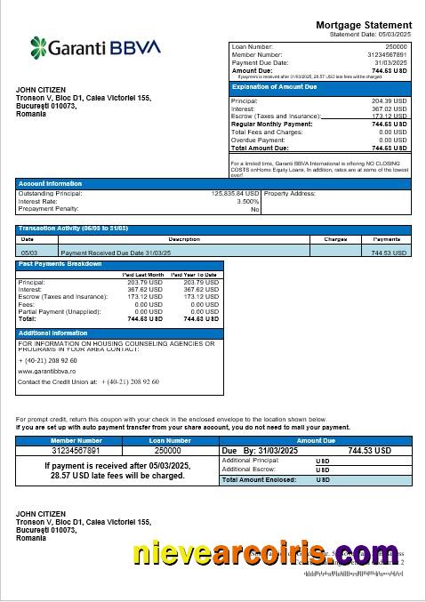 Romania Garanti BBVA Mortgage Statement In Word And PDF Formats Template